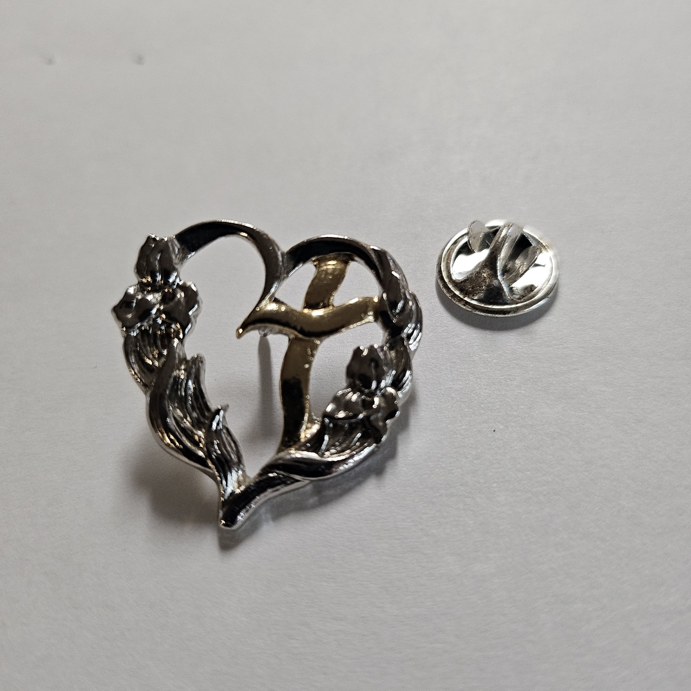 Vintage Silvertone Open Heart with Floral Sides Goldtone Cross Lapel Pin 1" Dove
